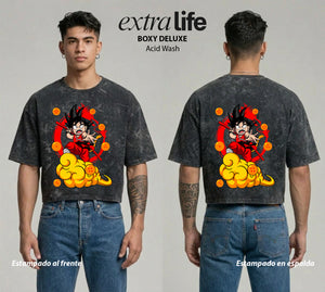Playera streetwear premium de anime y gaming ExtraLife MX, corte boxy deluxe mineral wash heavyweight en color Acid Wash, moda urbana mexicana de culto.