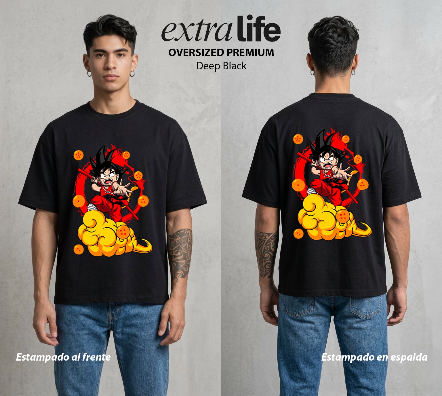 El Poder de las Esferas | El Saiyajin del Bien #00785 - Playera Oversized Premium | Deep Black - Foto en modelo