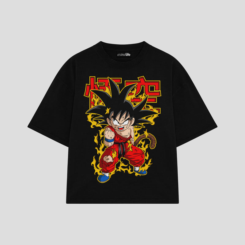 Playera streetwear premium de anime y gaming ExtraLife MX, corte boxy oversized drop shoulder heavyweight en color Deep Black y Off-White, moda urbana mexicana de culto.