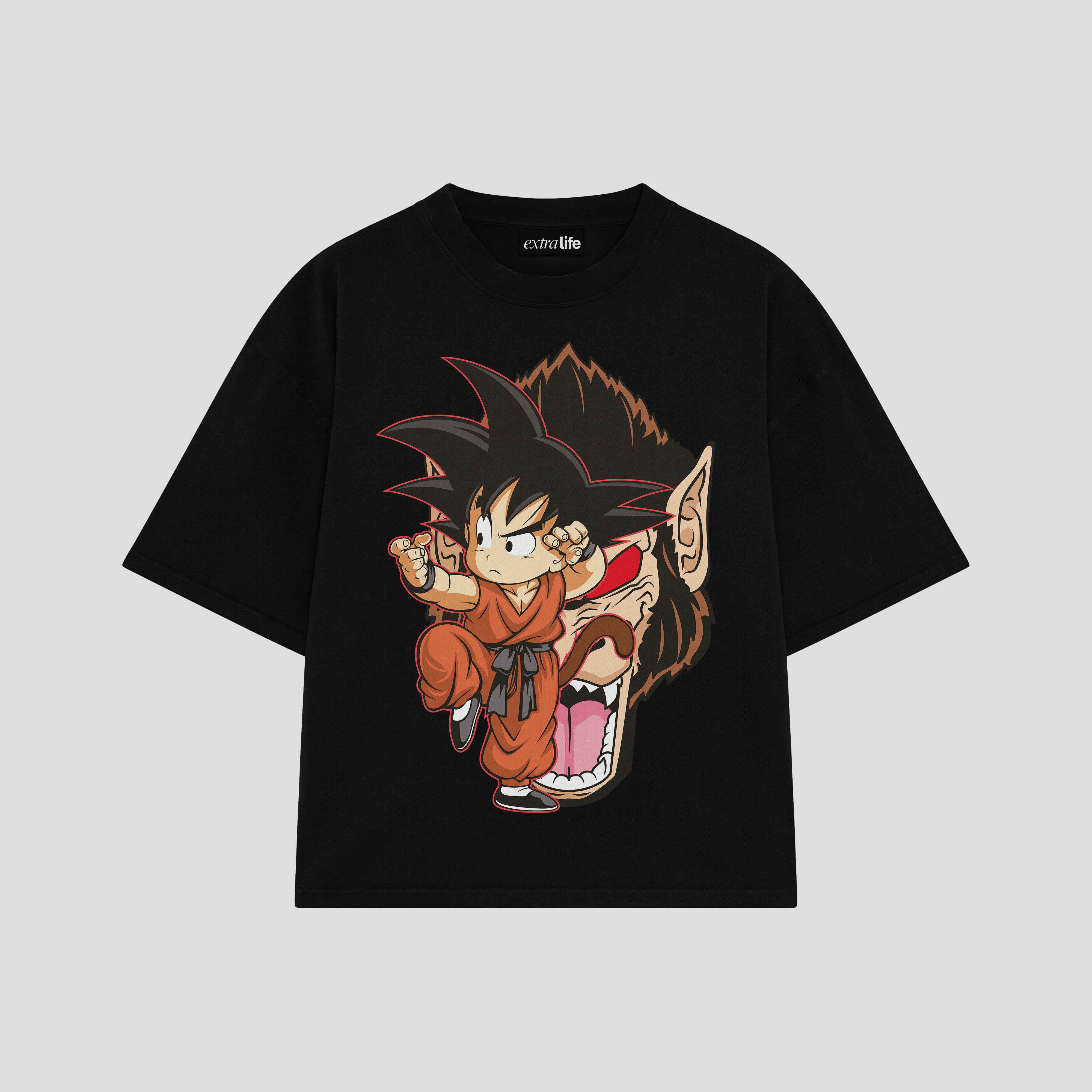 Playera streetwear premium de anime y gaming ExtraLife MX, corte boxy oversized drop shoulder heavyweight en color Deep Black y Off-White, moda urbana mexicana de culto.