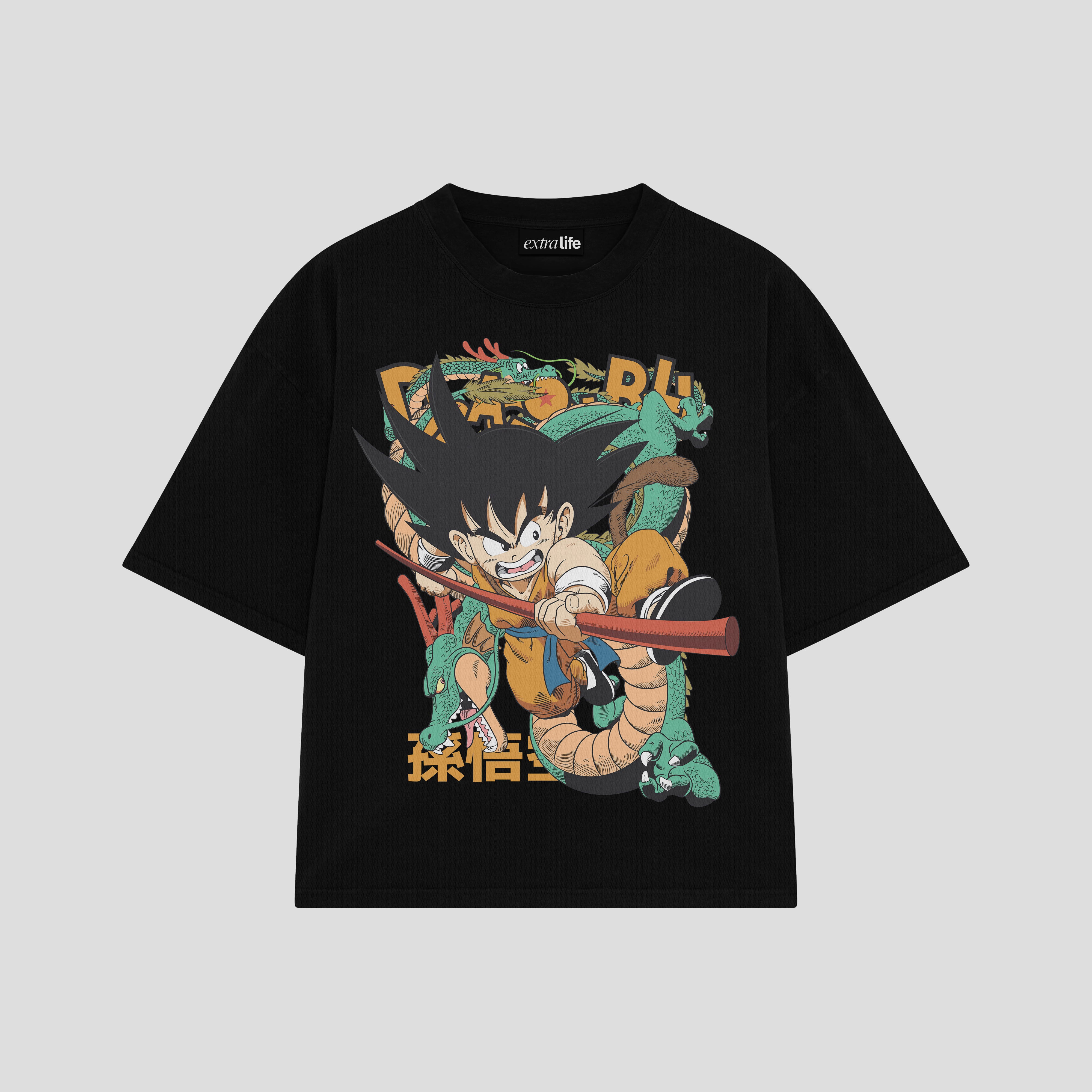 Playera streetwear premium de anime y gaming ExtraLife MX, corte boxy oversized drop shoulder heavyweight en color Deep Black y Off-White, moda urbana mexicana de culto.