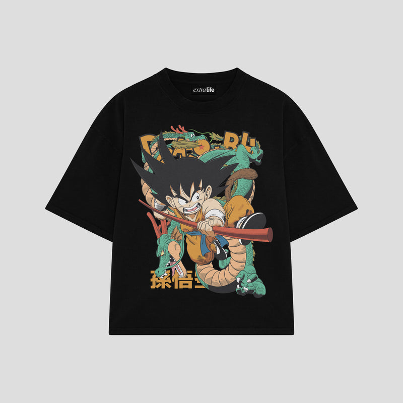 Playera streetwear premium de anime y gaming ExtraLife MX, corte boxy oversized drop shoulder heavyweight en color Deep Black y Off-White, moda urbana mexicana de culto.
