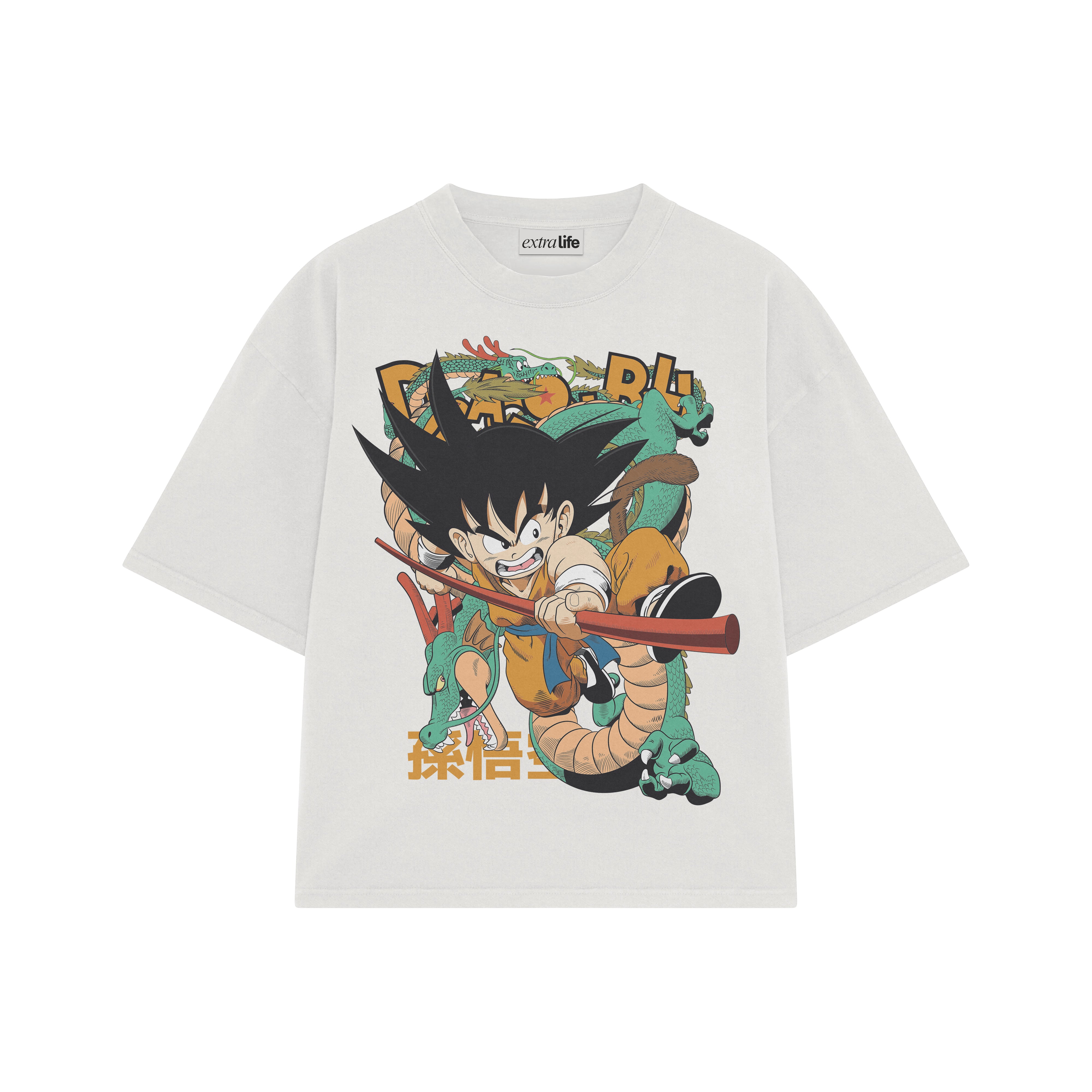 Playera streetwear premium de anime y gaming ExtraLife MX, corte boxy oversized drop shoulder heavyweight en color Deep Black y Off-White, moda urbana mexicana de culto.