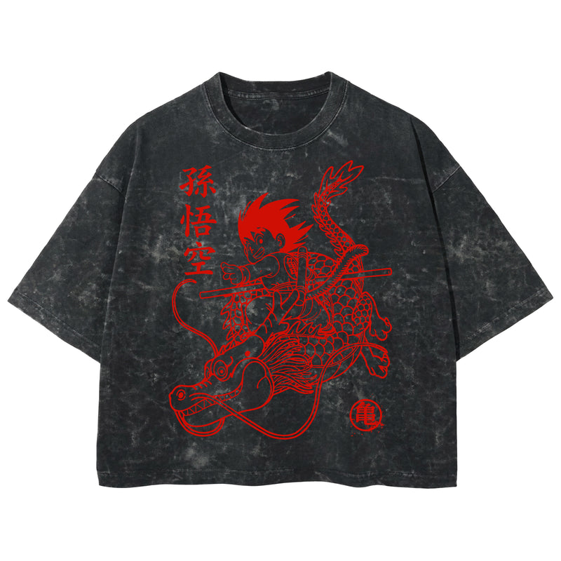 Playera streetwear premium de anime y gaming ExtraLife MX, corte boxy deluxe mineral wash heavyweight en color Acid Wash, moda urbana mexicana de culto.