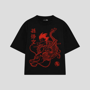 Playera streetwear premium de anime y gaming ExtraLife MX, corte boxy oversized drop shoulder heavyweight en color Deep Black y Off-White, moda urbana mexicana de culto.