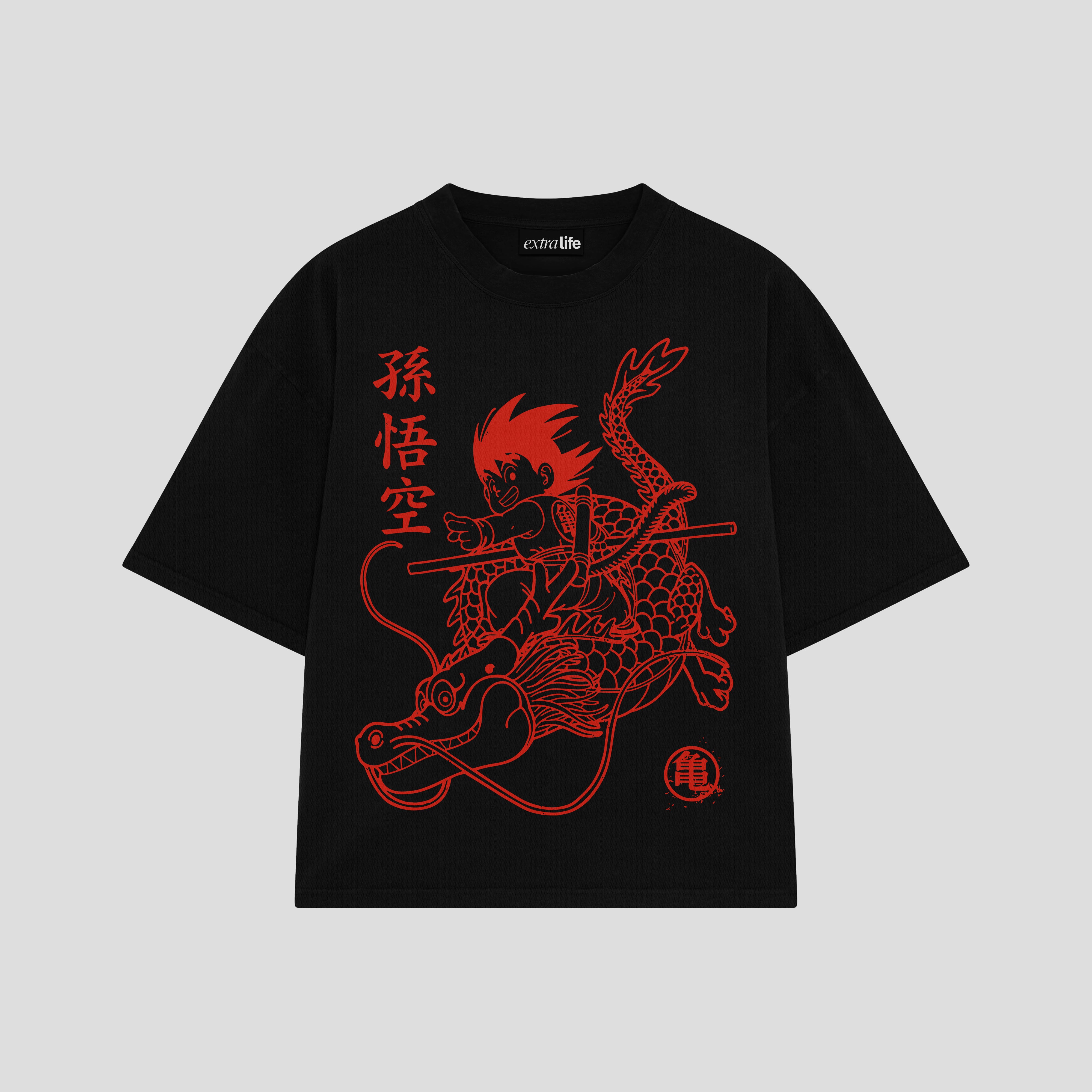 Playera streetwear premium de anime y gaming ExtraLife MX, corte boxy oversized drop shoulder heavyweight en color Deep Black y Off-White, moda urbana mexicana de culto.