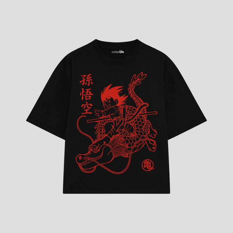 Playera streetwear premium de anime y gaming ExtraLife MX, corte boxy oversized drop shoulder heavyweight en color Deep Black y Off-White, moda urbana mexicana de culto.