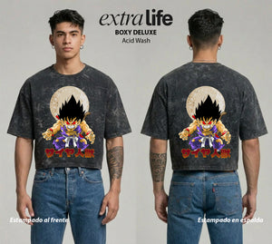 Playera streetwear premium de anime y gaming ExtraLife MX, corte boxy deluxe mineral wash heavyweight en color Acid Wash, moda urbana mexicana de culto.