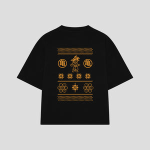 Playera streetwear premium de anime y gaming ExtraLife MX, corte boxy oversized drop shoulder heavyweight en color Deep Black y Off-White, moda urbana mexicana de culto.