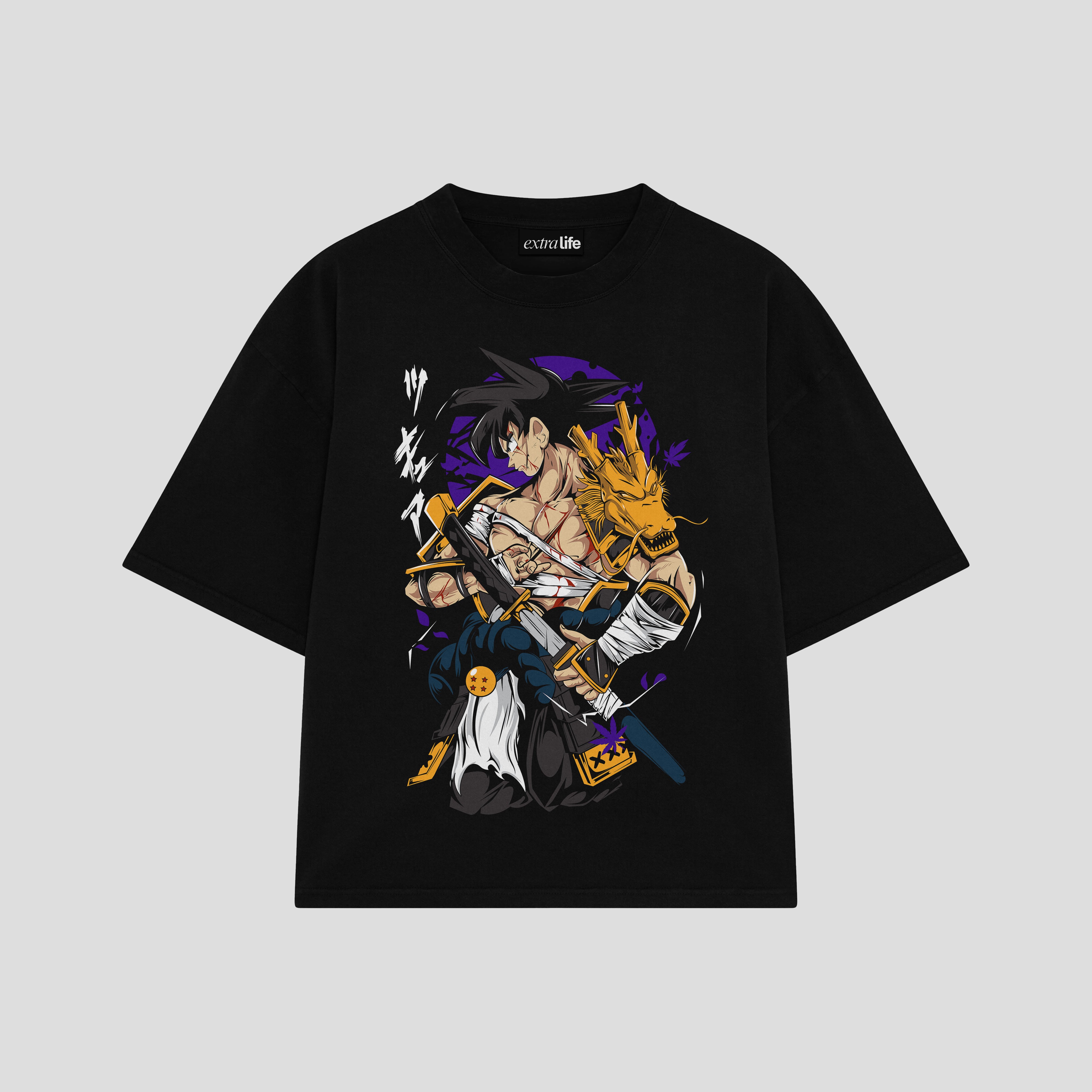 Playera streetwear premium de anime y gaming ExtraLife MX, corte boxy oversized drop shoulder heavyweight en color Deep Black y Off-White, moda urbana mexicana de culto.