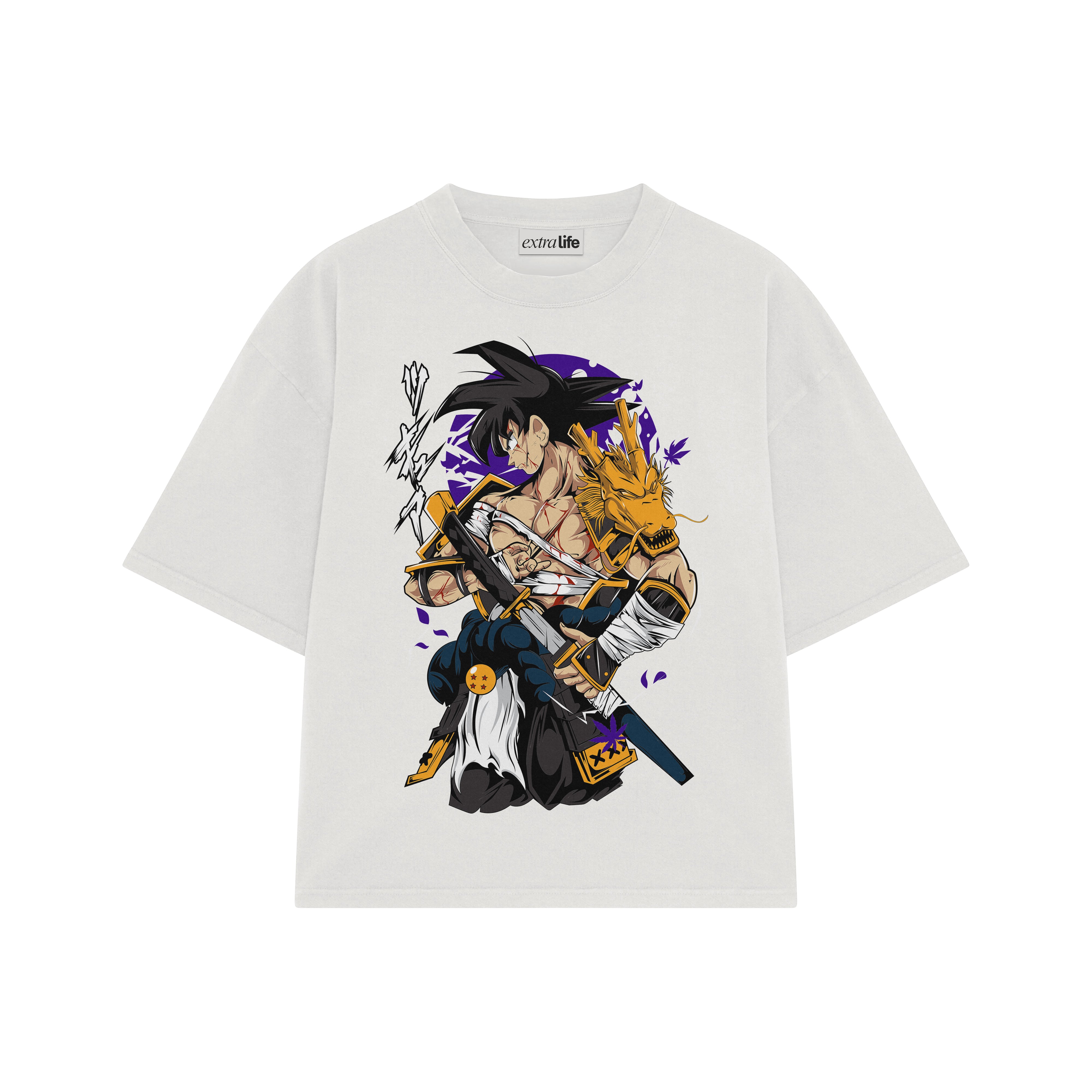Playera streetwear premium de anime y gaming ExtraLife MX, corte boxy oversized drop shoulder heavyweight en color Deep Black y Off-White, moda urbana mexicana de culto.