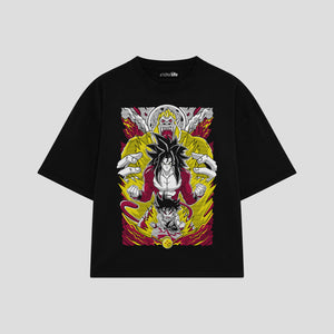 Playera streetwear premium de anime y gaming ExtraLife MX, corte boxy oversized drop shoulder heavyweight en color Deep Black y Off-White, moda urbana mexicana de culto.