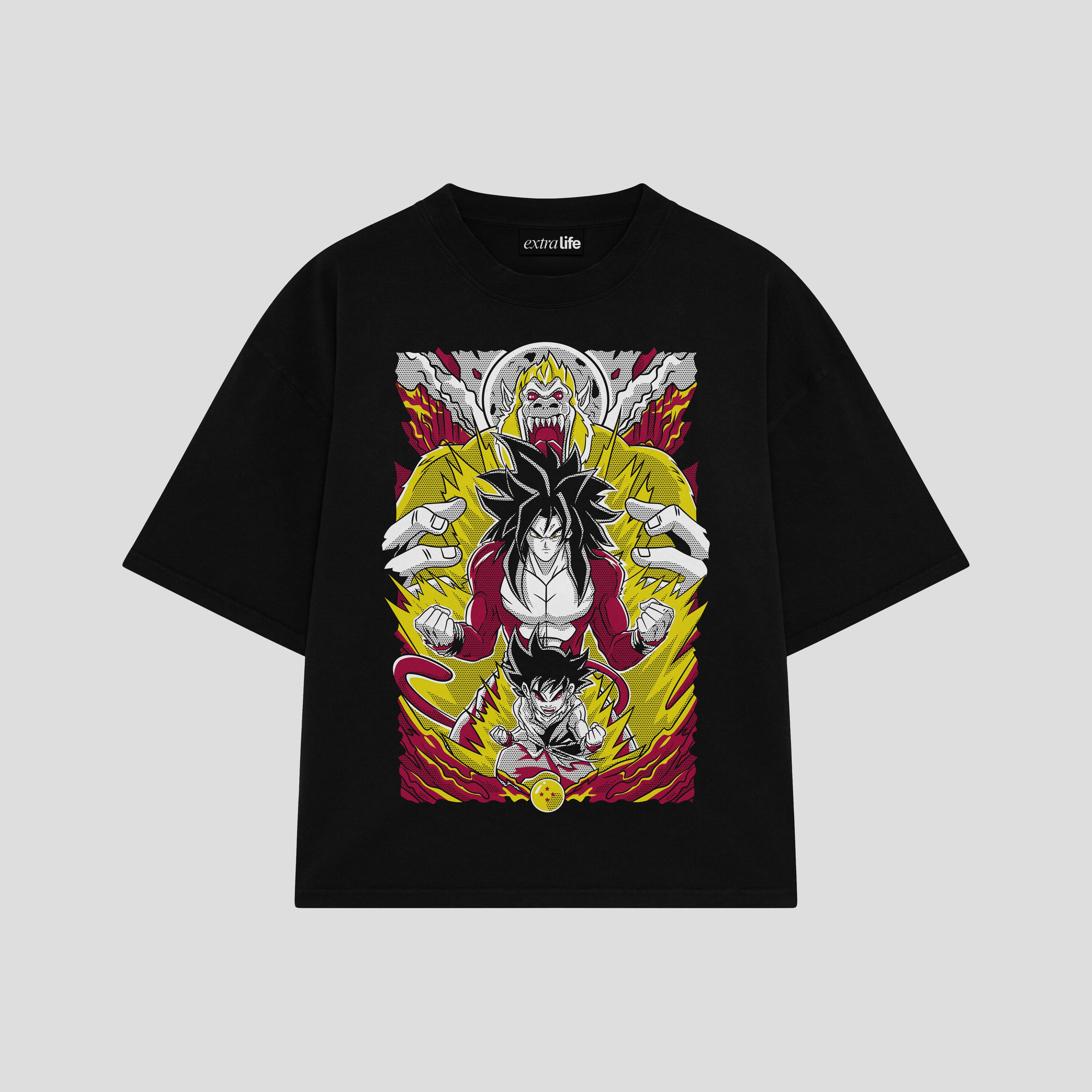 Playera streetwear premium de anime y gaming ExtraLife MX, corte boxy oversized drop shoulder heavyweight en color Deep Black y Off-White, moda urbana mexicana de culto.