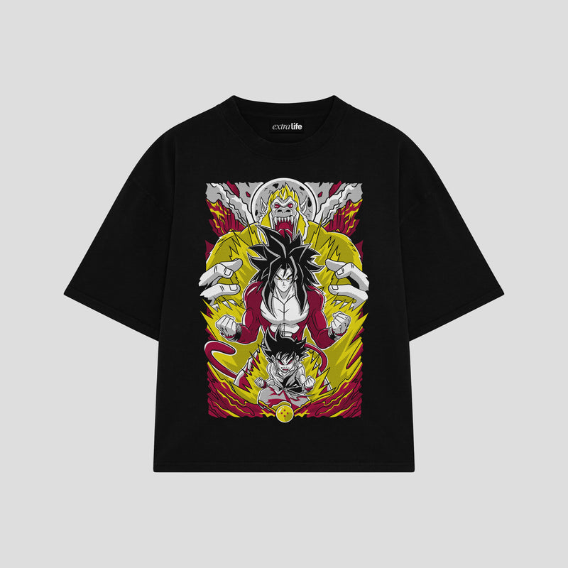 Playera streetwear premium de anime y gaming ExtraLife MX, corte boxy oversized drop shoulder heavyweight en color Deep Black y Off-White, moda urbana mexicana de culto.