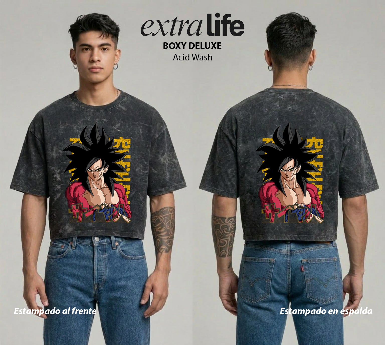 Playera streetwear premium de anime y gaming ExtraLife MX, corte boxy deluxe mineral wash heavyweight en color Acid Wash, moda urbana mexicana de culto.