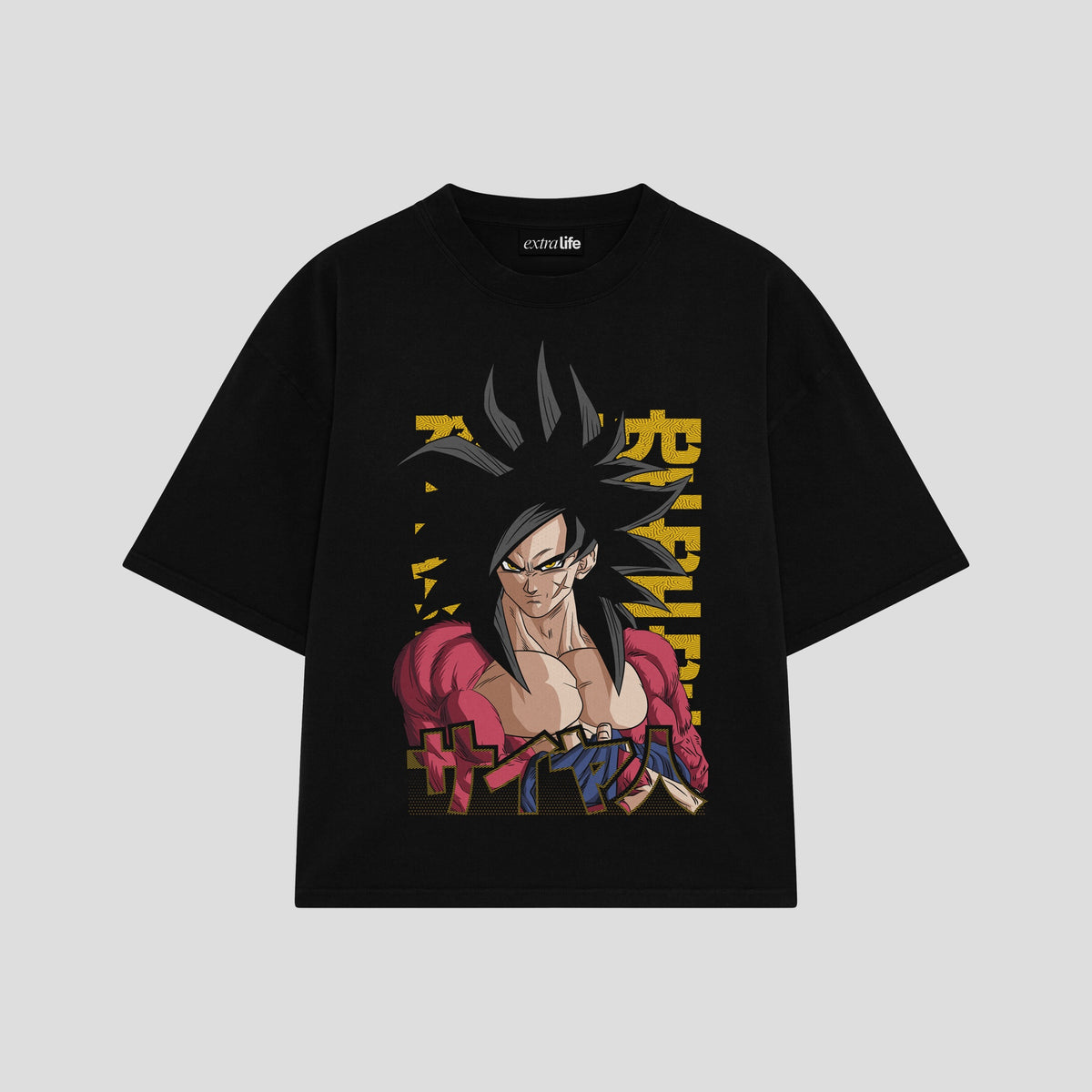 Playera streetwear premium de anime y gaming ExtraLife MX, corte oversized drop shoulder ligero y fresco en color Deep Black y Off-White, moda urbana mexicana de culto.