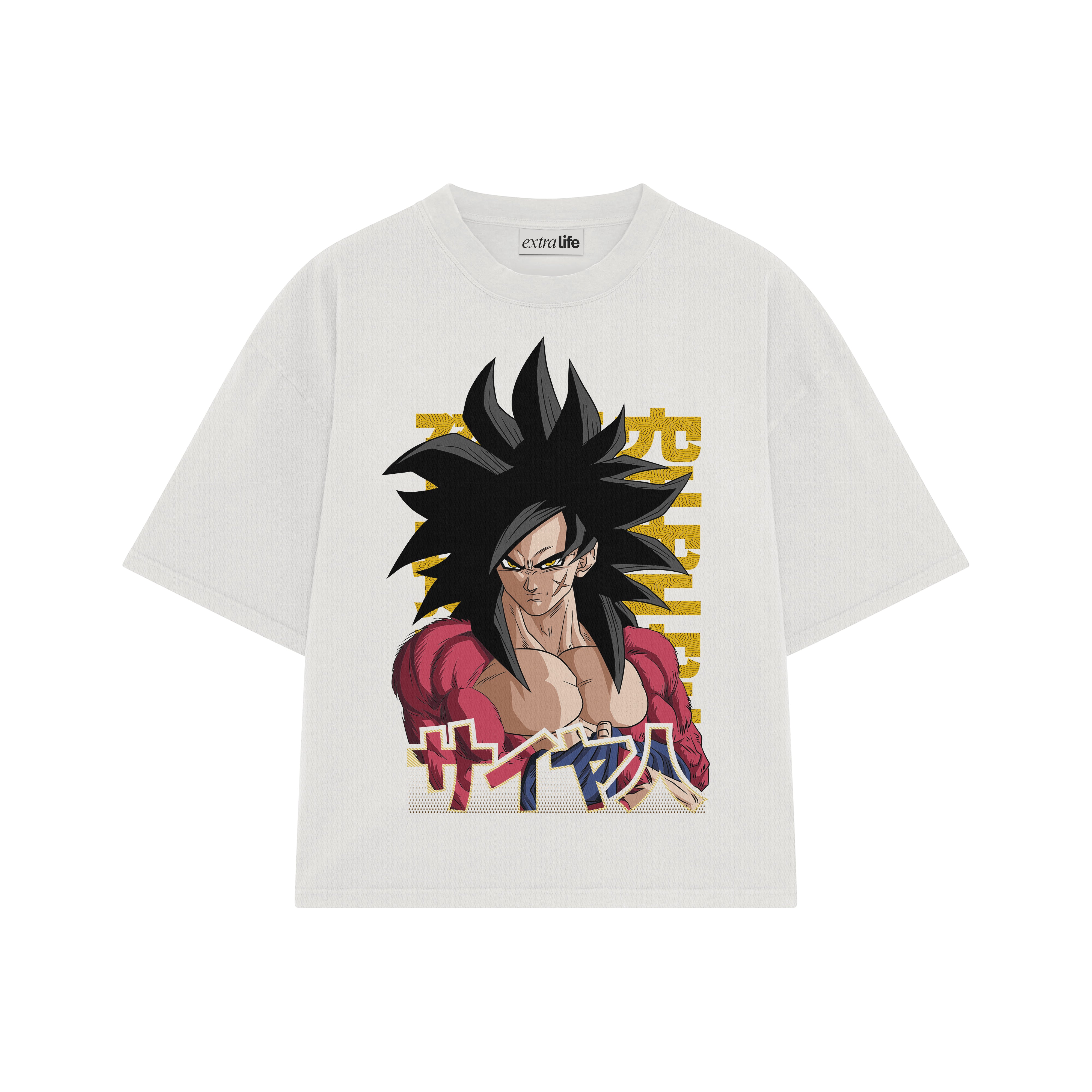 Playera streetwear premium de anime y gaming ExtraLife MX, corte boxy oversized drop shoulder heavyweight en color Deep Black y Off-White, moda urbana mexicana de culto.