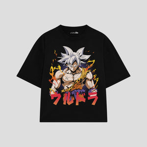 Playera streetwear premium de anime y gaming ExtraLife MX, corte boxy oversized drop shoulder heavyweight en color Deep Black y Off-White, moda urbana mexicana de culto.