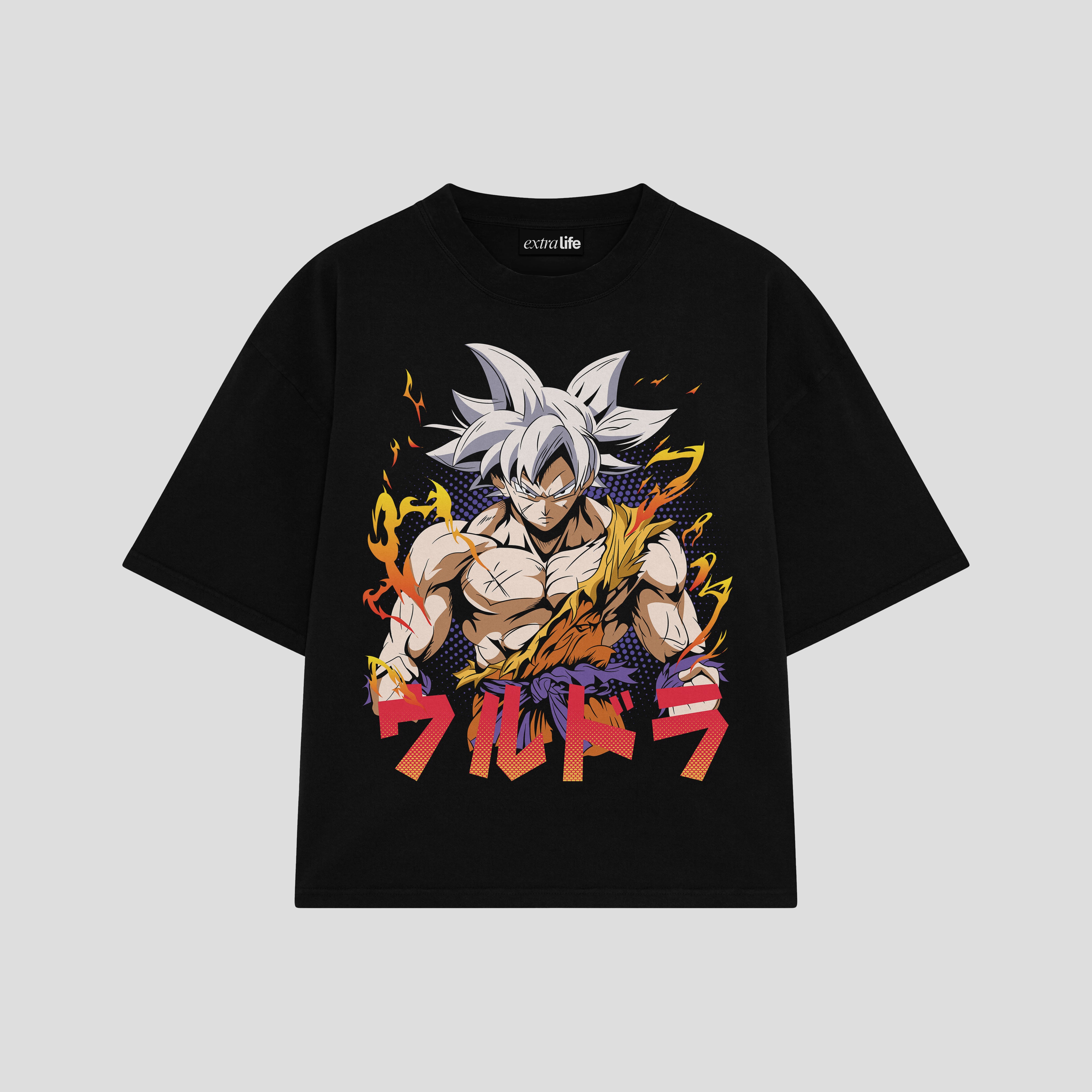 Playera streetwear premium de anime y gaming ExtraLife MX, corte boxy oversized drop shoulder heavyweight en color Deep Black y Off-White, moda urbana mexicana de culto.