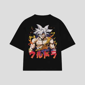 Playera streetwear premium de anime y gaming ExtraLife MX, corte boxy oversized drop shoulder heavyweight en color Deep Black y Off-White, moda urbana mexicana de culto.