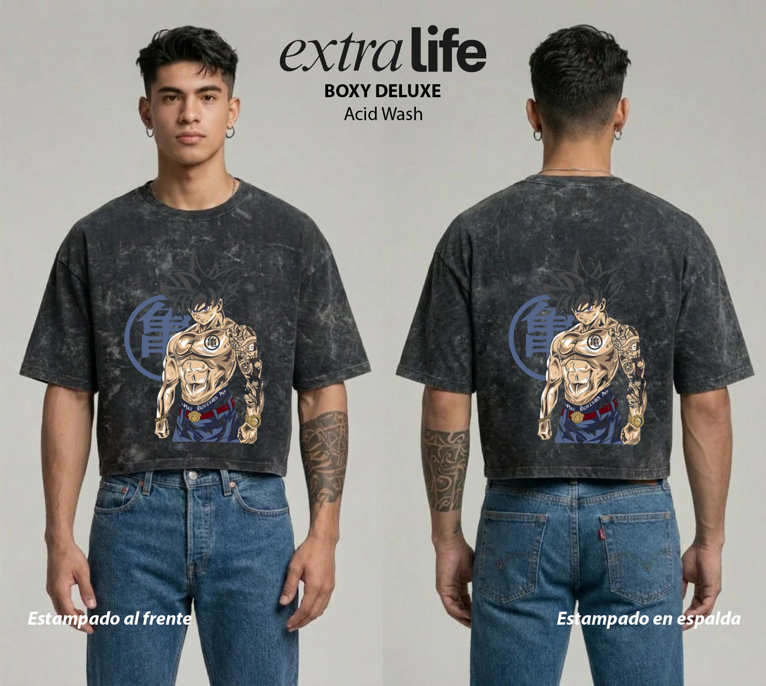 Playera streetwear premium de anime y gaming ExtraLife MX, corte boxy deluxe mineral wash heavyweight en color Acid Wash, moda urbana mexicana de culto.