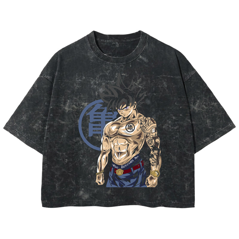 Playera streetwear premium de anime y gaming ExtraLife MX, corte boxy deluxe mineral wash heavyweight en color Acid Wash, moda urbana mexicana de culto.