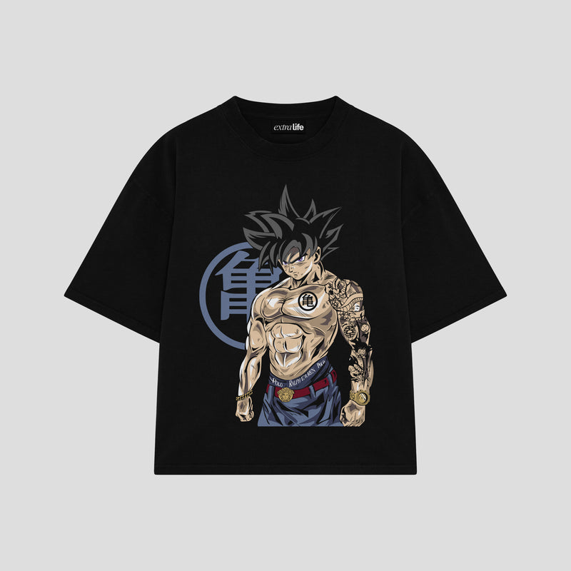 Playera streetwear premium de anime y gaming ExtraLife MX, corte boxy oversized drop shoulder heavyweight en color Deep Black y Off-White, moda urbana mexicana de culto.