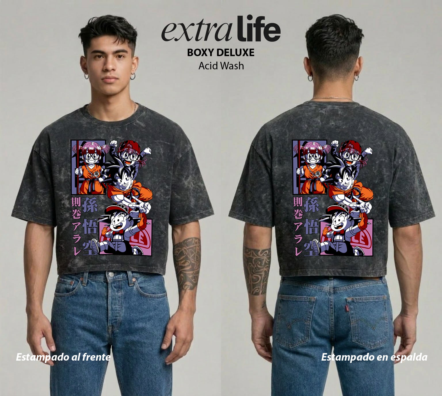 Playera streetwear premium de anime y gaming ExtraLife MX, corte boxy deluxe mineral wash heavyweight en color Acid Wash, moda urbana mexicana de culto.