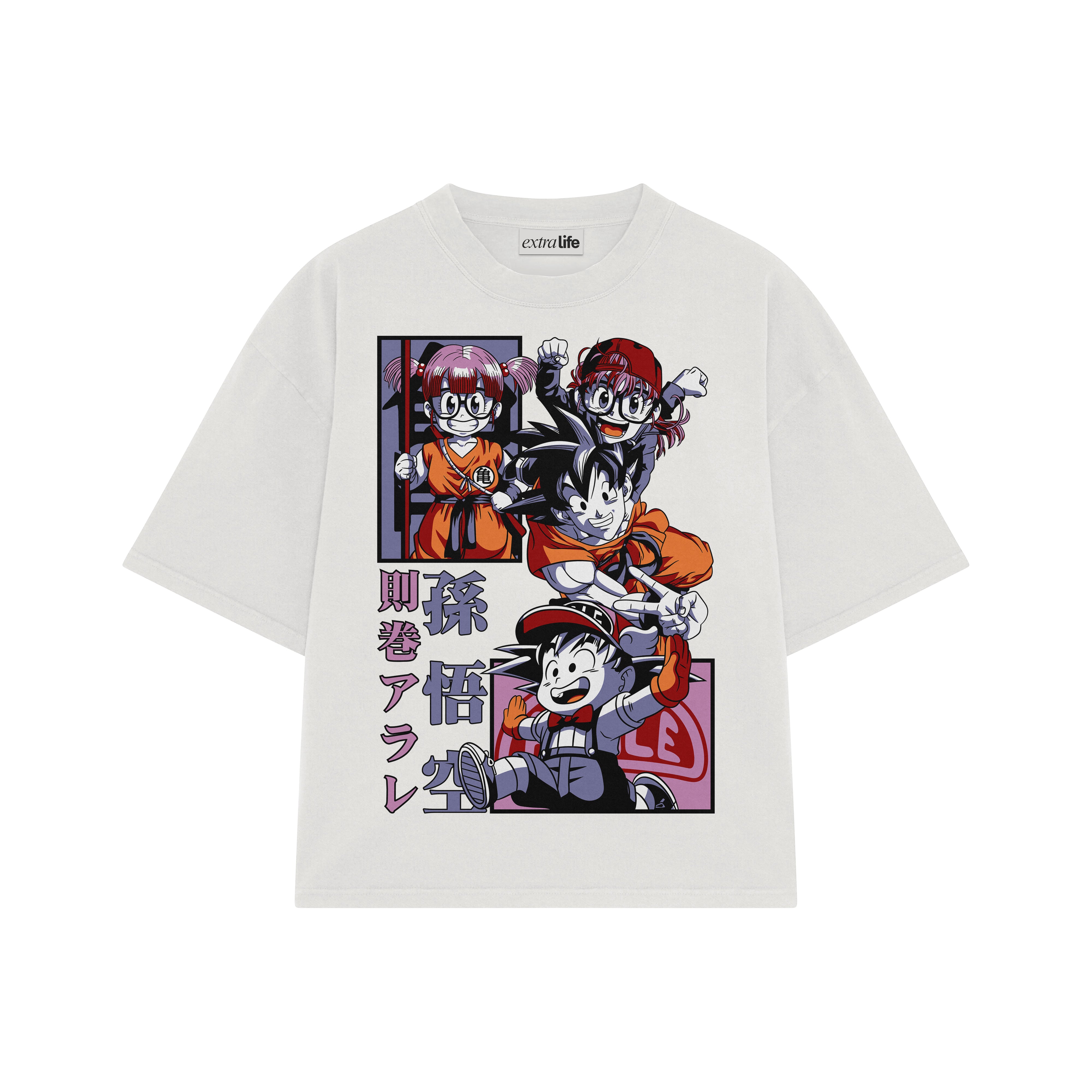 Playera streetwear premium de anime y gaming ExtraLife MX, corte boxy oversized drop shoulder heavyweight en color Deep Black y Off-White, moda urbana mexicana de culto.