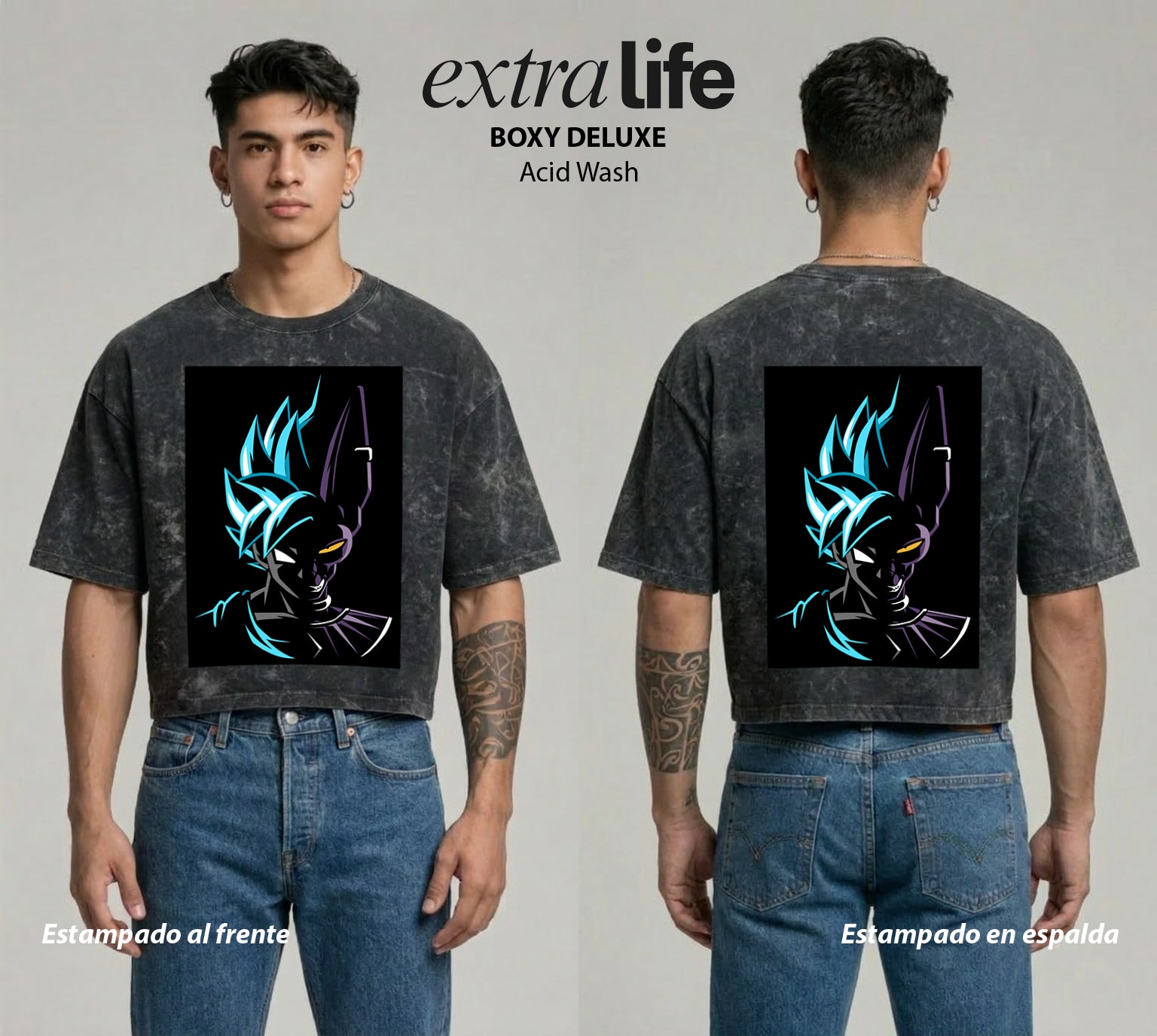 Playera streetwear premium de anime y gaming ExtraLife MX, corte boxy deluxe mineral wash heavyweight en color Acid Wash, moda urbana mexicana de culto.