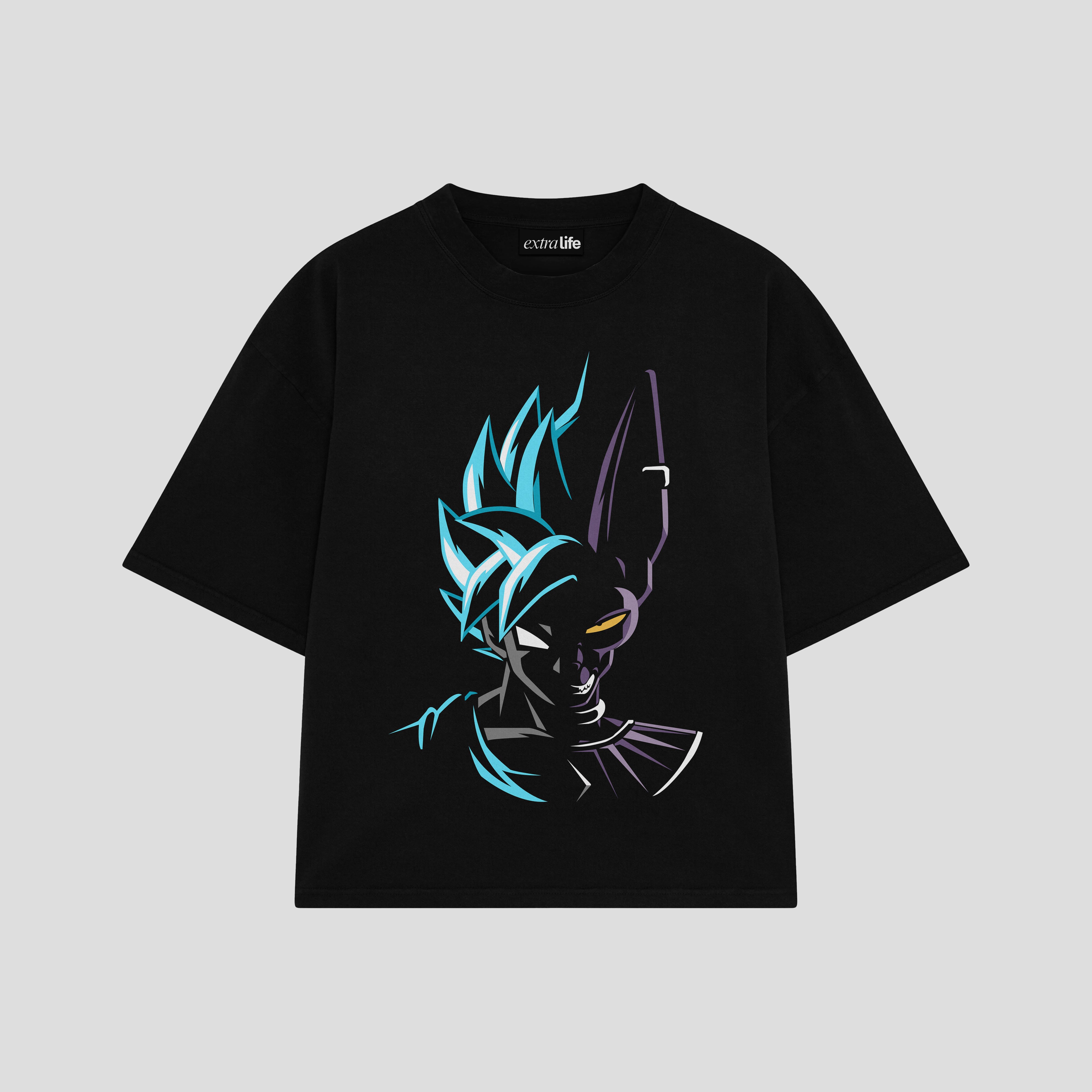 Playera streetwear premium de anime y gaming ExtraLife MX, corte boxy oversized drop shoulder heavyweight en color Deep Black y Off-White, moda urbana mexicana de culto.