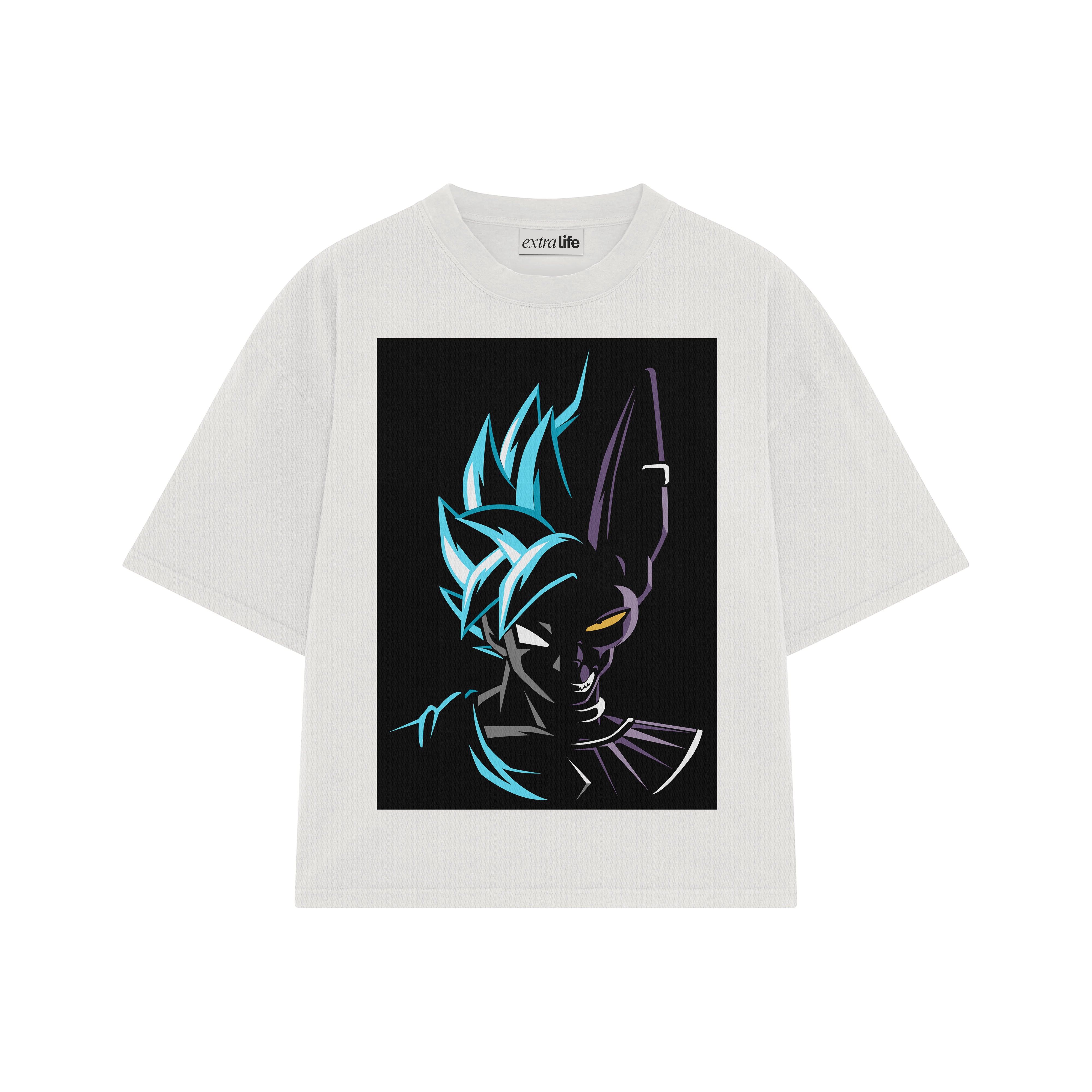 Playera streetwear premium de anime y gaming ExtraLife MX, corte boxy oversized drop shoulder heavyweight en color Deep Black y Off-White, moda urbana mexicana de culto.