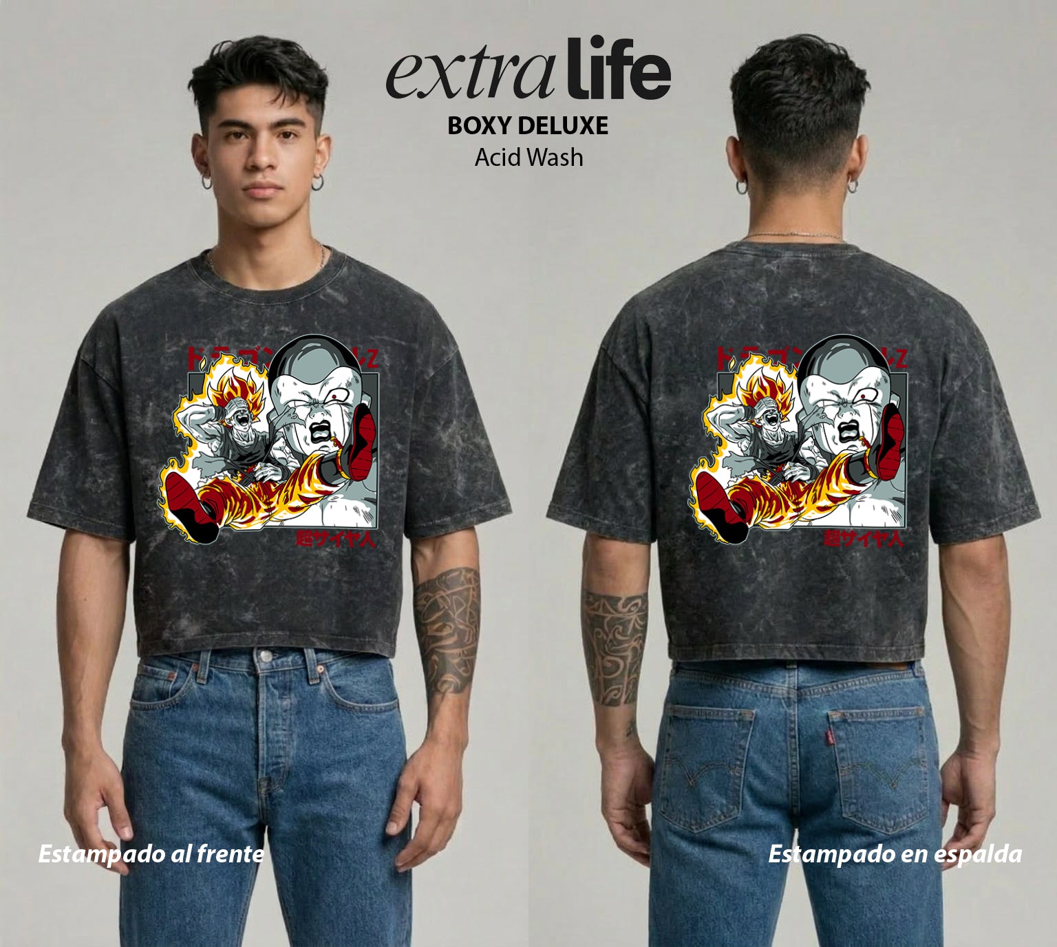 Playera streetwear premium de anime y gaming ExtraLife MX, corte boxy deluxe mineral wash heavyweight en color Acid Wash, moda urbana mexicana de culto.