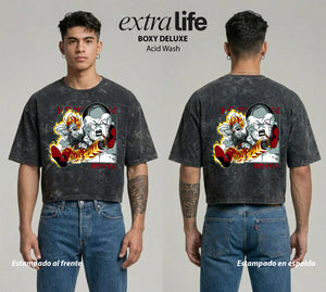 Playera streetwear premium de anime y gaming ExtraLife MX, corte boxy deluxe mineral wash heavyweight en color Acid Wash, moda urbana mexicana de culto.