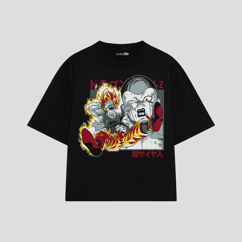 Playera streetwear premium de anime y gaming ExtraLife MX, corte boxy oversized drop shoulder heavyweight en color Deep Black y Off-White, moda urbana mexicana de culto.