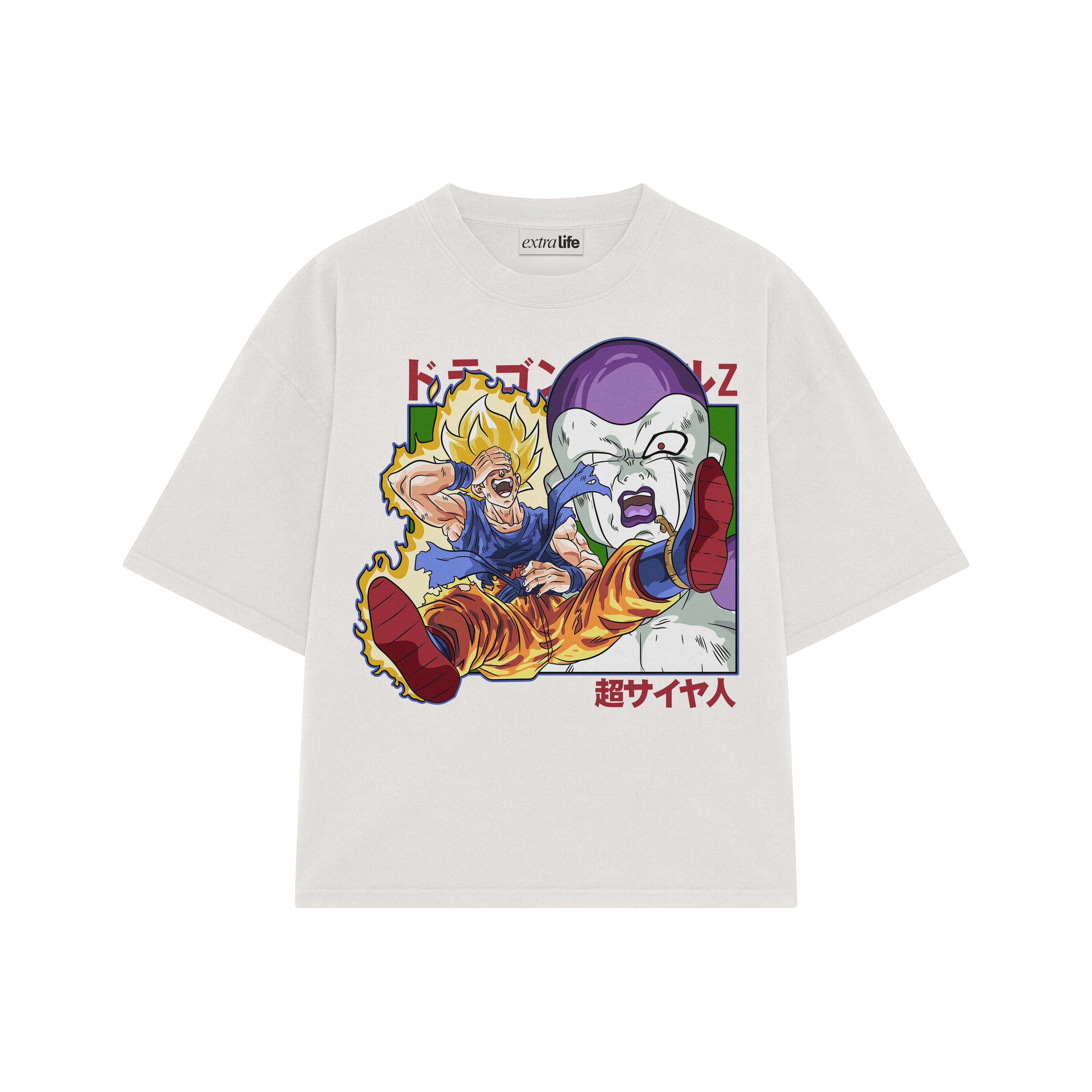 Playera streetwear premium de anime y gaming ExtraLife MX, corte boxy oversized drop shoulder heavyweight en color Deep Black y Off-White, moda urbana mexicana de culto.