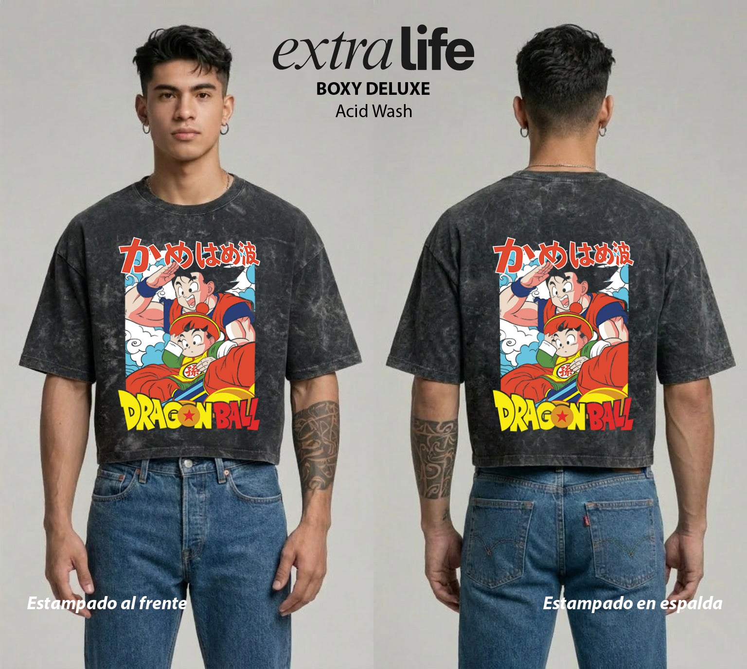 Playera streetwear premium de anime y gaming ExtraLife MX, corte boxy deluxe mineral wash heavyweight en color Acid Wash, moda urbana mexicana de culto.