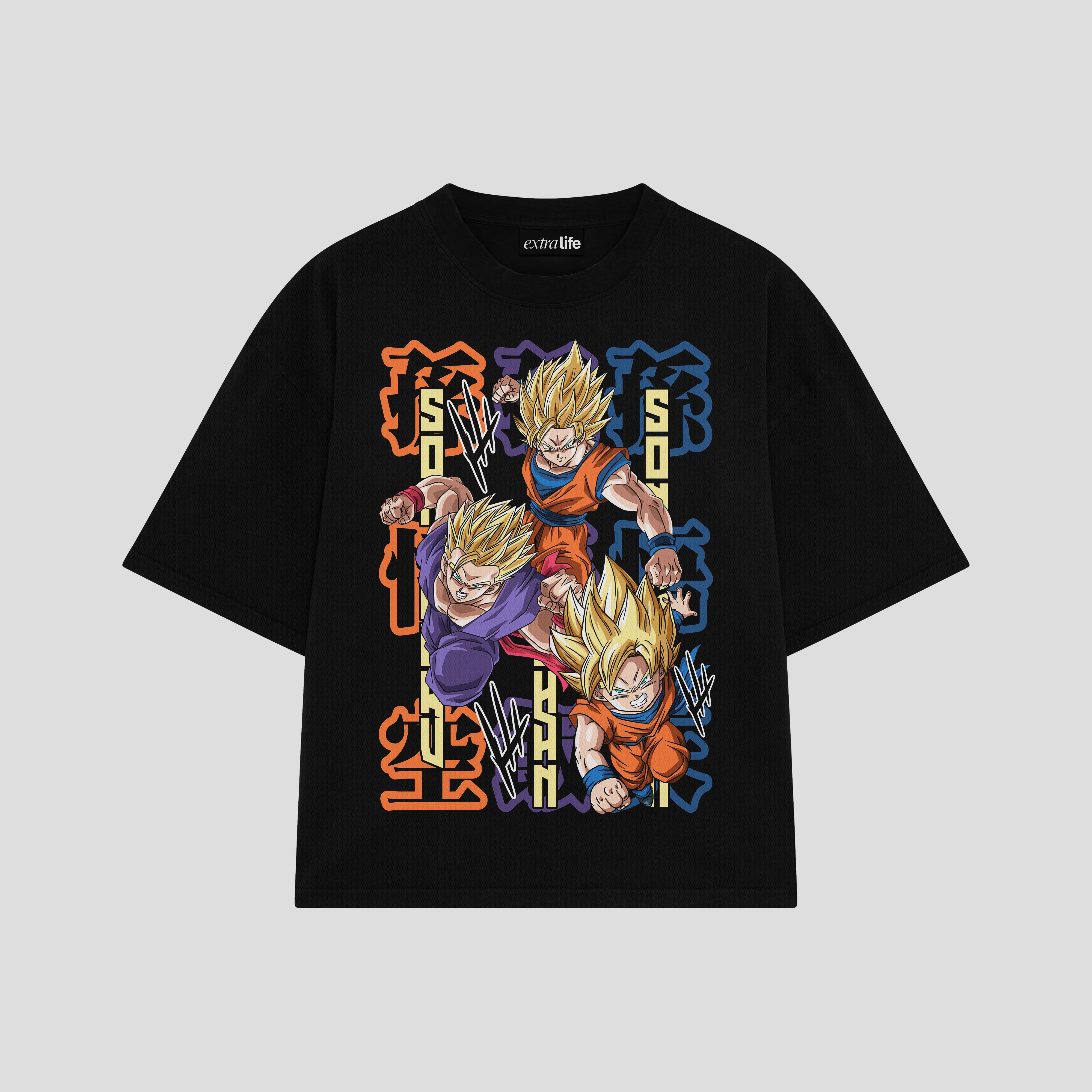 Playera streetwear premium de anime y gaming ExtraLife MX, corte boxy oversized drop shoulder heavyweight en color Deep Black y Off-White, moda urbana mexicana de culto.