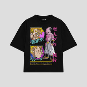 Playera streetwear premium de anime y gaming ExtraLife MX, corte boxy oversized drop shoulder heavyweight en color Deep Black y Off-White, moda urbana mexicana de culto.