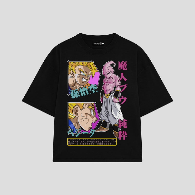 Playera streetwear premium de anime y gaming ExtraLife MX, corte boxy oversized drop shoulder heavyweight en color Deep Black y Off-White, moda urbana mexicana de culto.