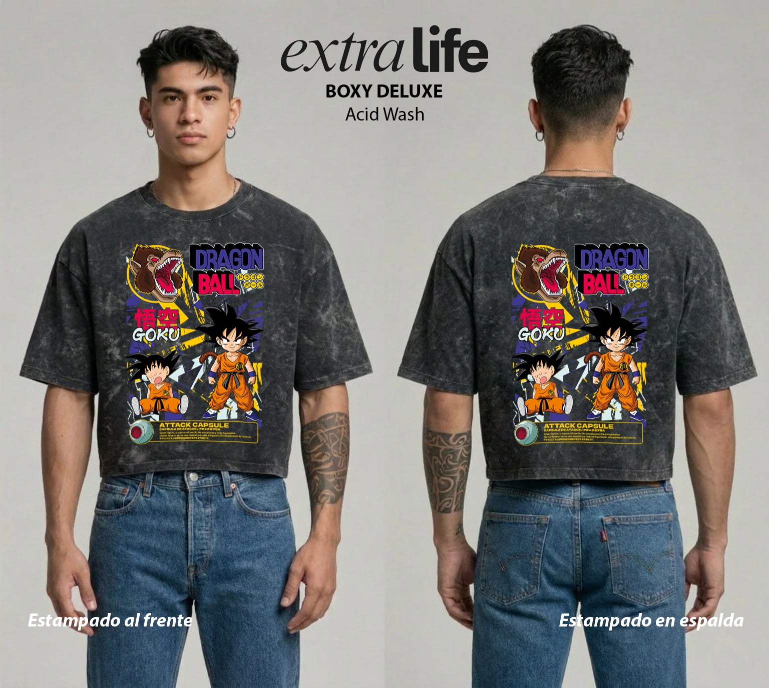 Playera streetwear premium de anime y gaming ExtraLife MX, corte boxy deluxe mineral wash heavyweight en color Acid Wash, moda urbana mexicana de culto.