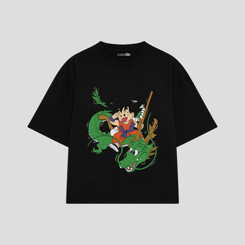 Playera streetwear premium de anime y gaming ExtraLife MX, corte boxy oversized drop shoulder heavyweight en color Deep Black y Off-White, moda urbana mexicana de culto.