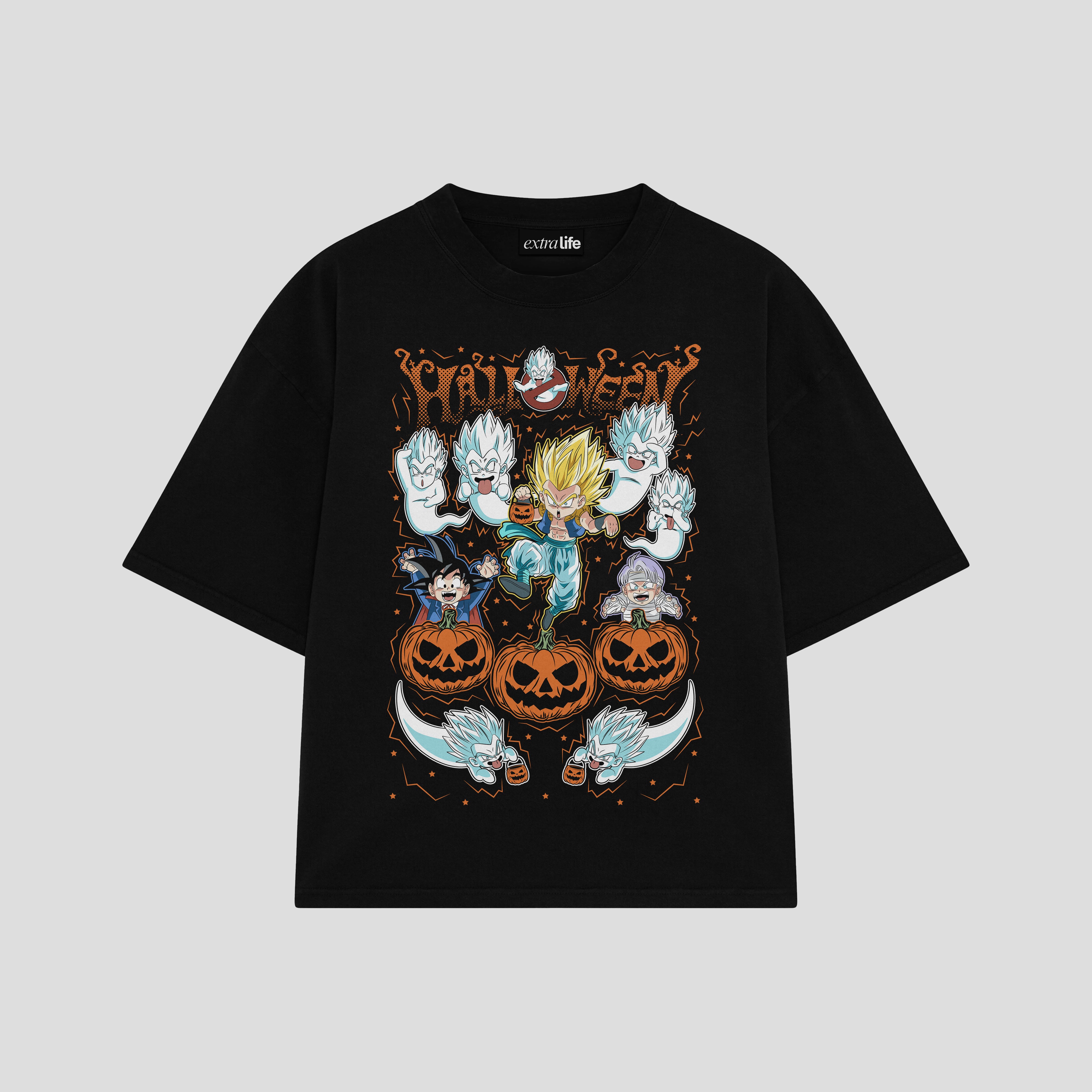 Playera streetwear premium de anime y gaming ExtraLife MX, corte boxy oversized drop shoulder heavyweight en color Deep Black y Off-White, moda urbana mexicana de culto.