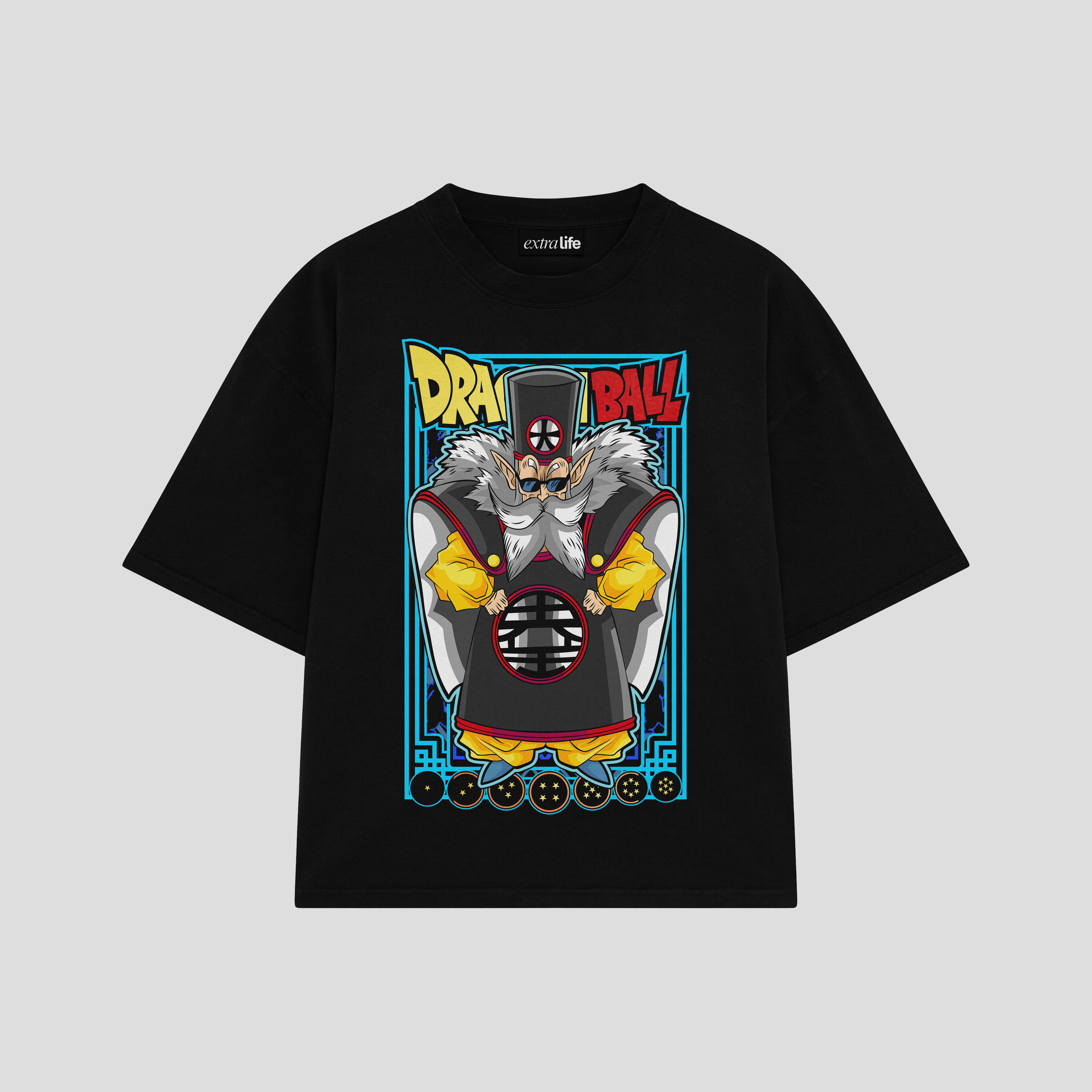 Playera streetwear premium de anime y gaming ExtraLife MX, corte boxy oversized drop shoulder heavyweight en color Deep Black y Off-White, moda urbana mexicana de culto.