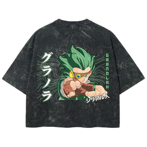 Playera streetwear premium de anime y gaming ExtraLife MX, corte boxy deluxe mineral wash heavyweight en color Acid Wash, moda urbana mexicana de culto.