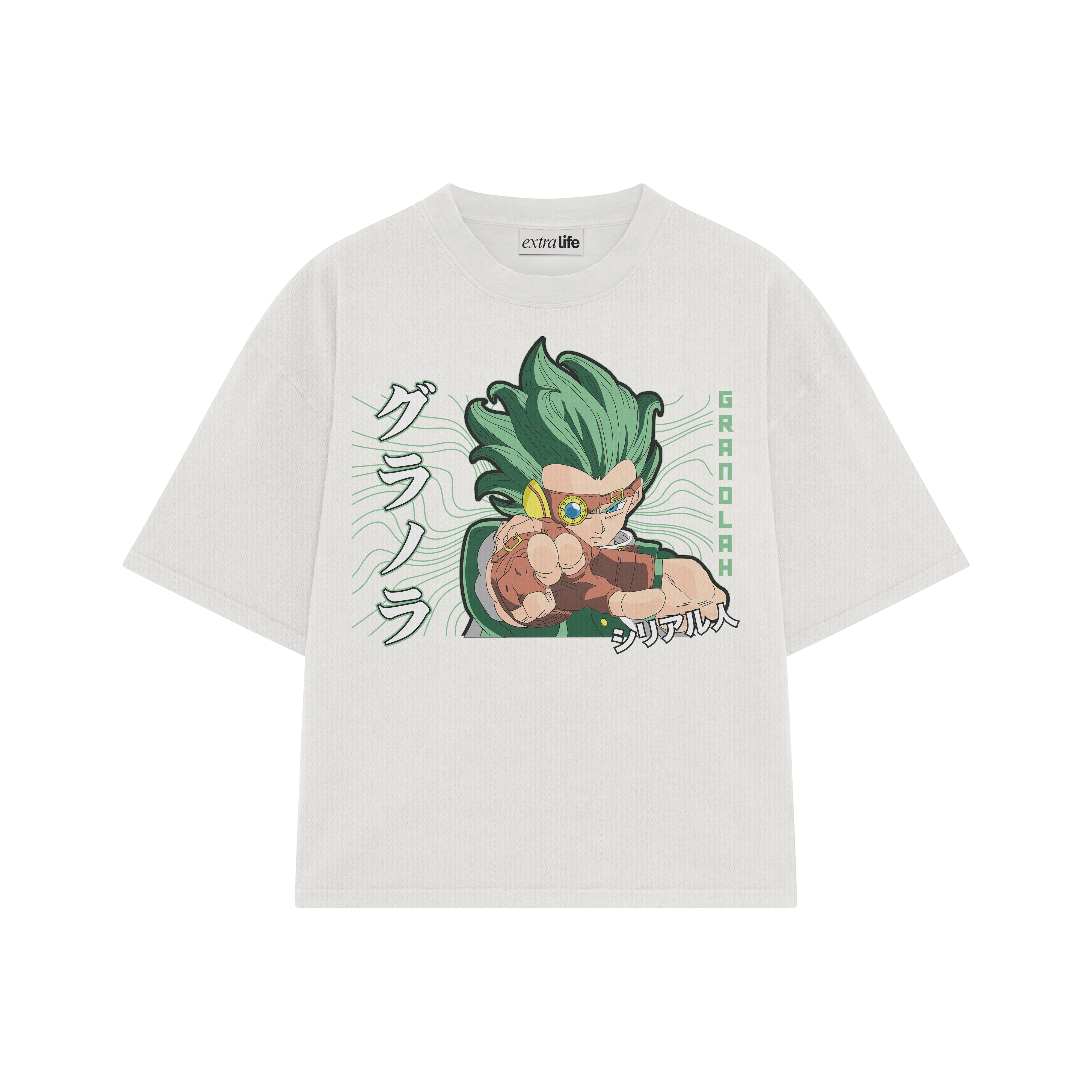 Playera streetwear premium de anime y gaming ExtraLife MX, corte boxy oversized drop shoulder heavyweight en color Deep Black y Off-White, moda urbana mexicana de culto.