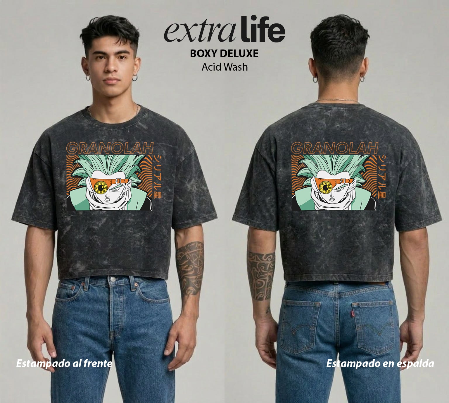 Playera streetwear premium de anime y gaming ExtraLife MX, corte boxy deluxe mineral wash heavyweight en color Acid Wash, moda urbana mexicana de culto.