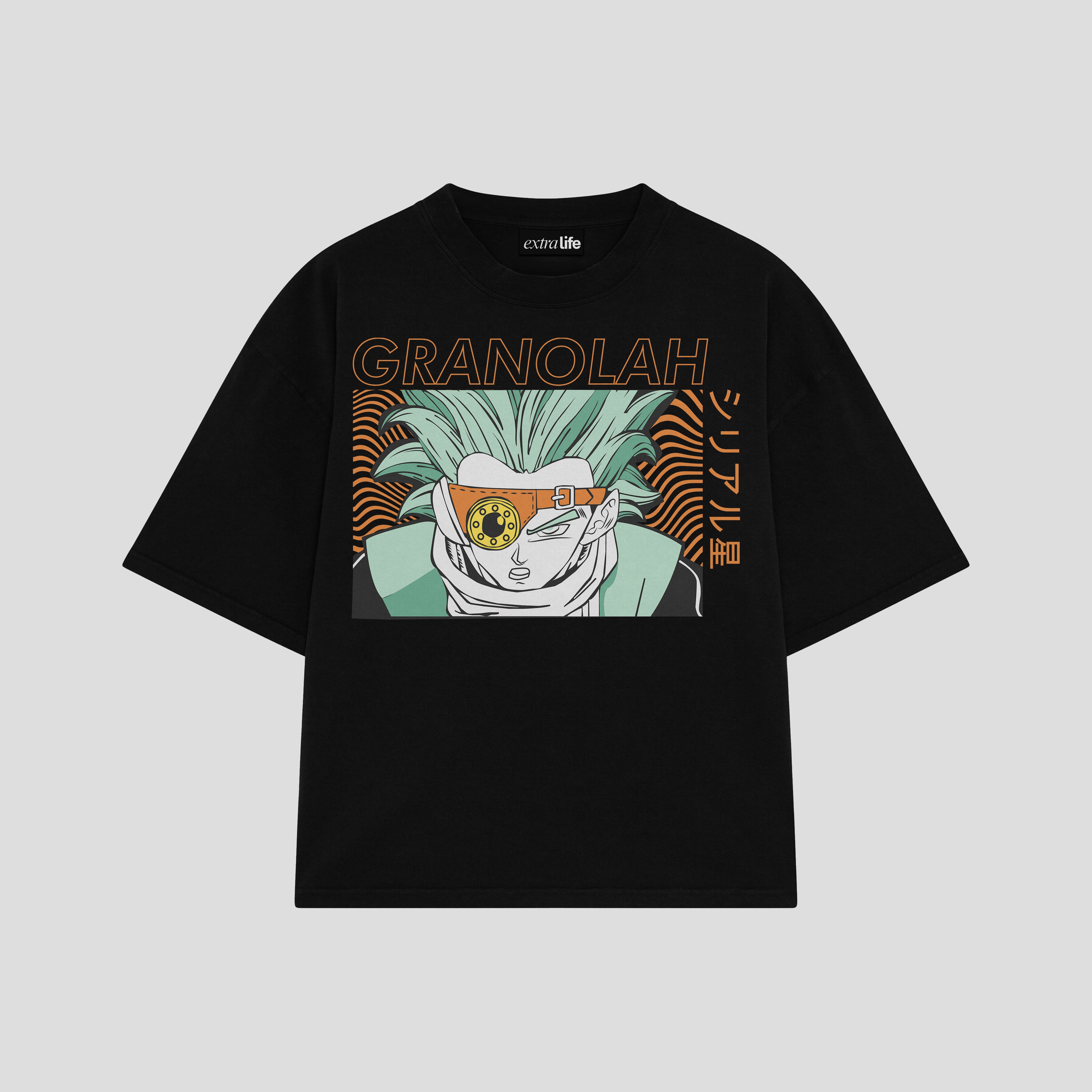 Playera streetwear premium de anime y gaming ExtraLife MX, corte boxy oversized drop shoulder heavyweight en color Deep Black y Off-White, moda urbana mexicana de culto.