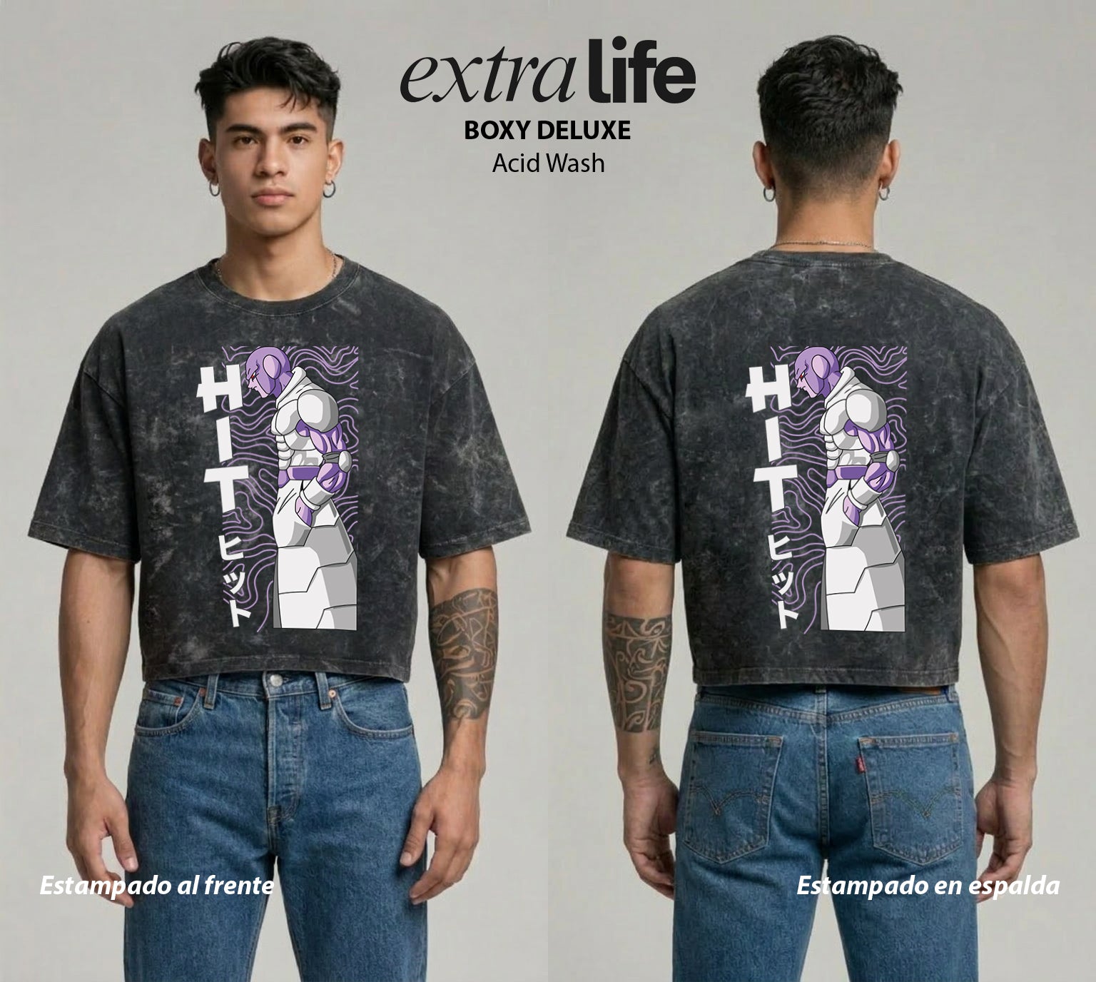 Playera streetwear premium de anime y gaming ExtraLife MX, corte boxy deluxe mineral wash heavyweight en color Acid Wash, moda urbana mexicana de culto.