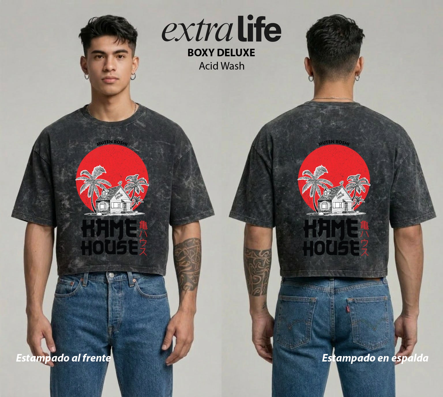 Playera streetwear premium de anime y gaming ExtraLife MX, corte boxy deluxe mineral wash heavyweight en color Acid Wash, moda urbana mexicana de culto.